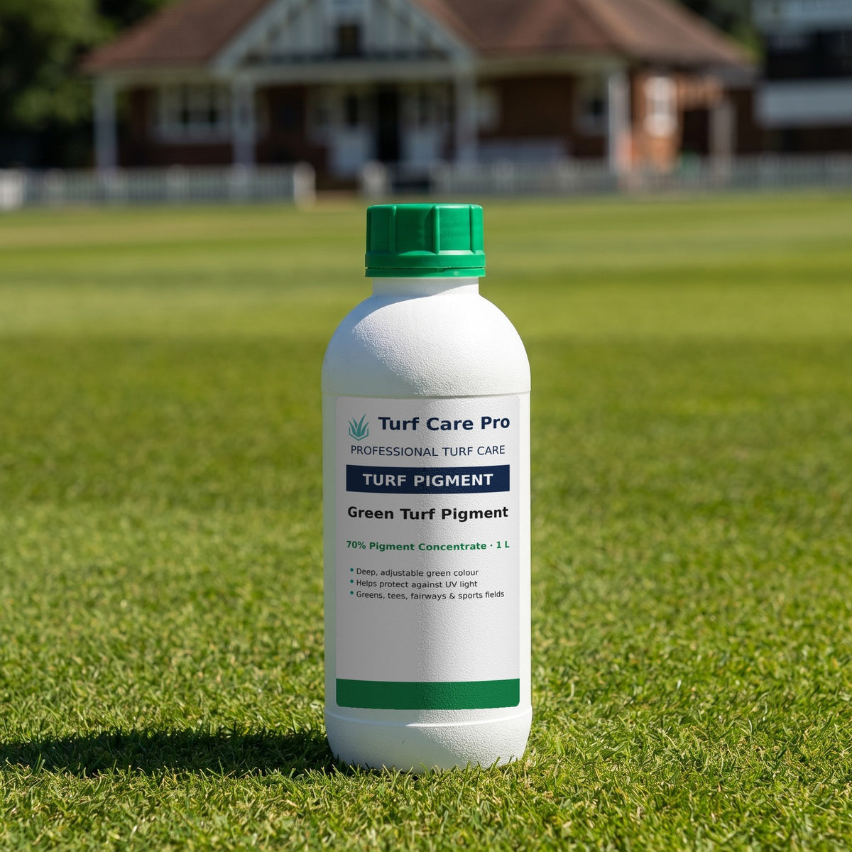 1L green turf pigment bottle on a cricket square in summer sunshine