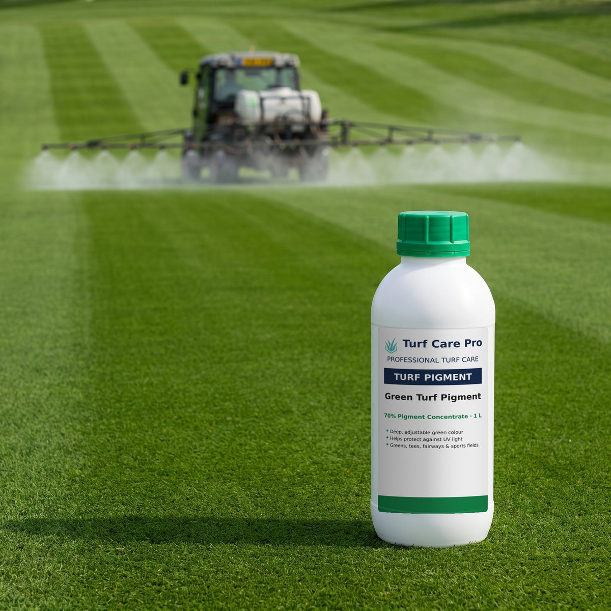 1L green turf pigment on a striped golf fairway with a boom sprayer working behind