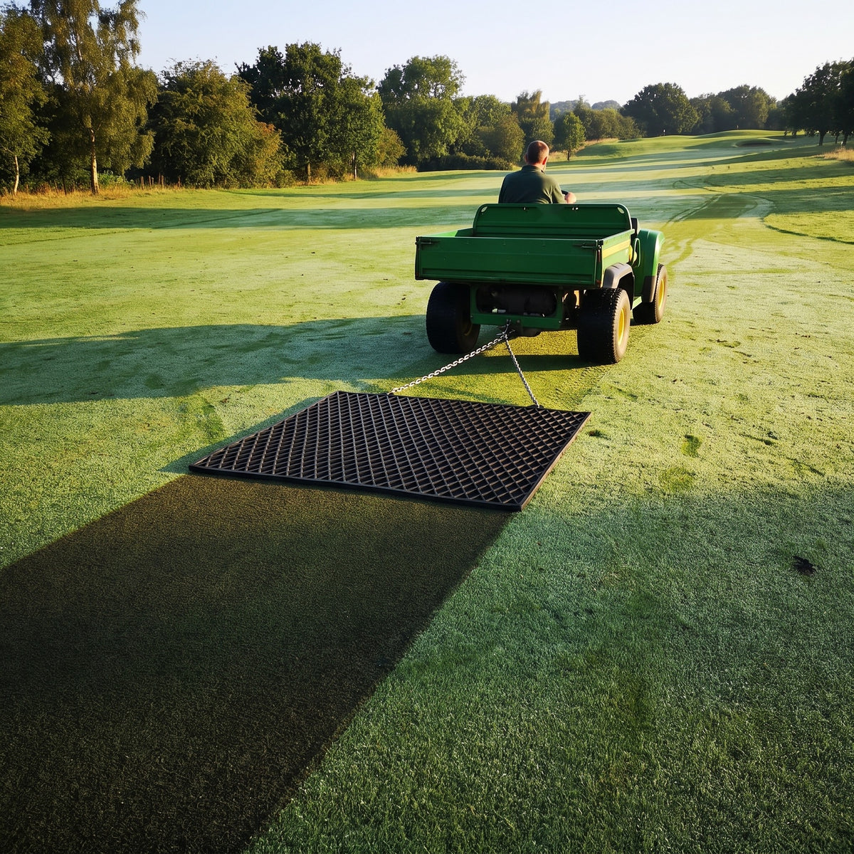 Heavy duty 20mm rubber dragmat towed by chain behind a turf utility vehicle, clearing dew from a golf fairway