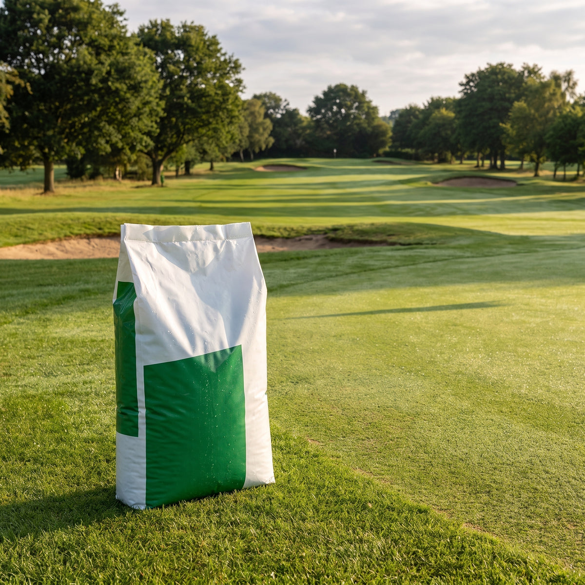 15kg bag of high-potassium water-soluble turf fertiliser on a golf course