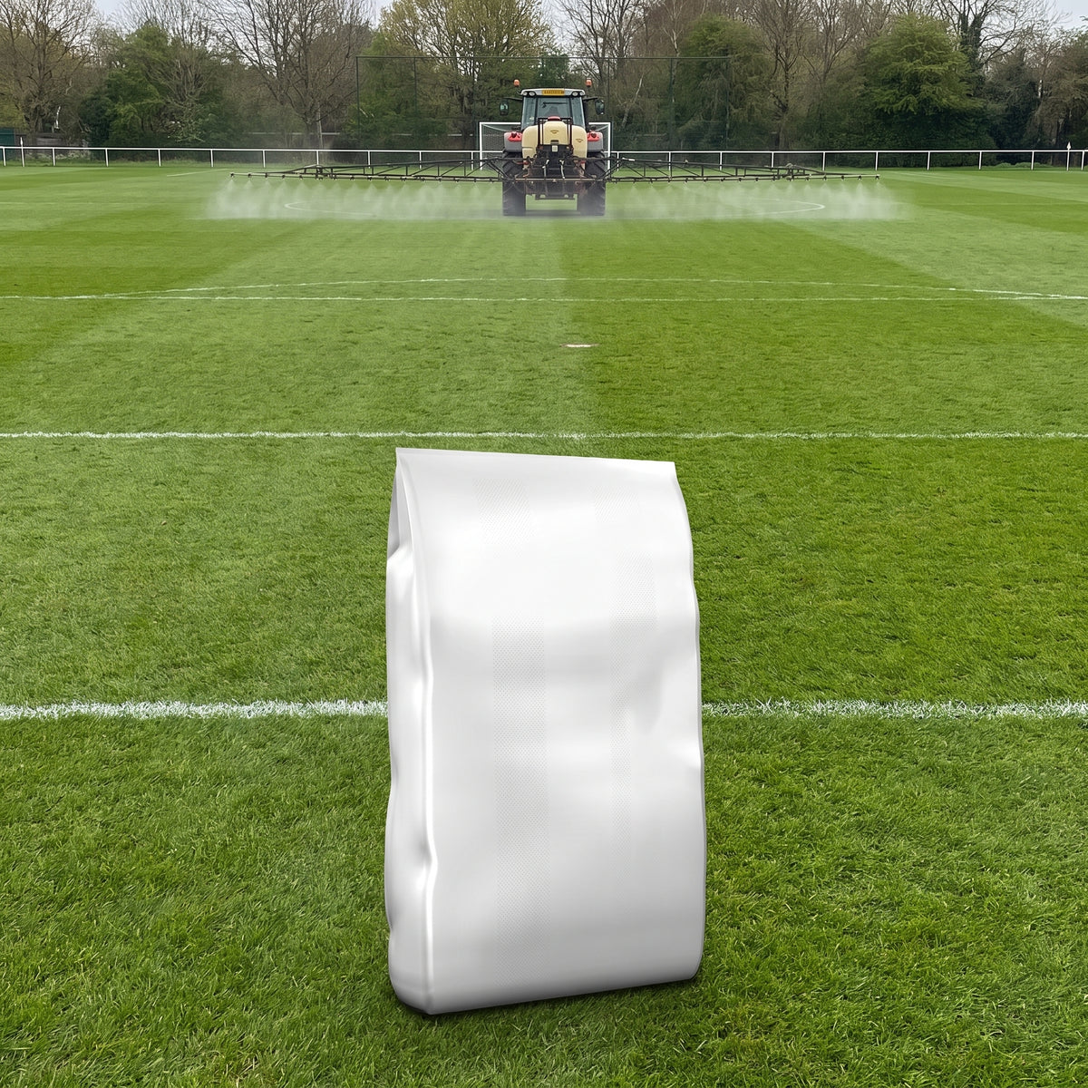 15kg soluble turf fertiliser bag on a sports pitch while a boom sprayer applies a foliar feed
