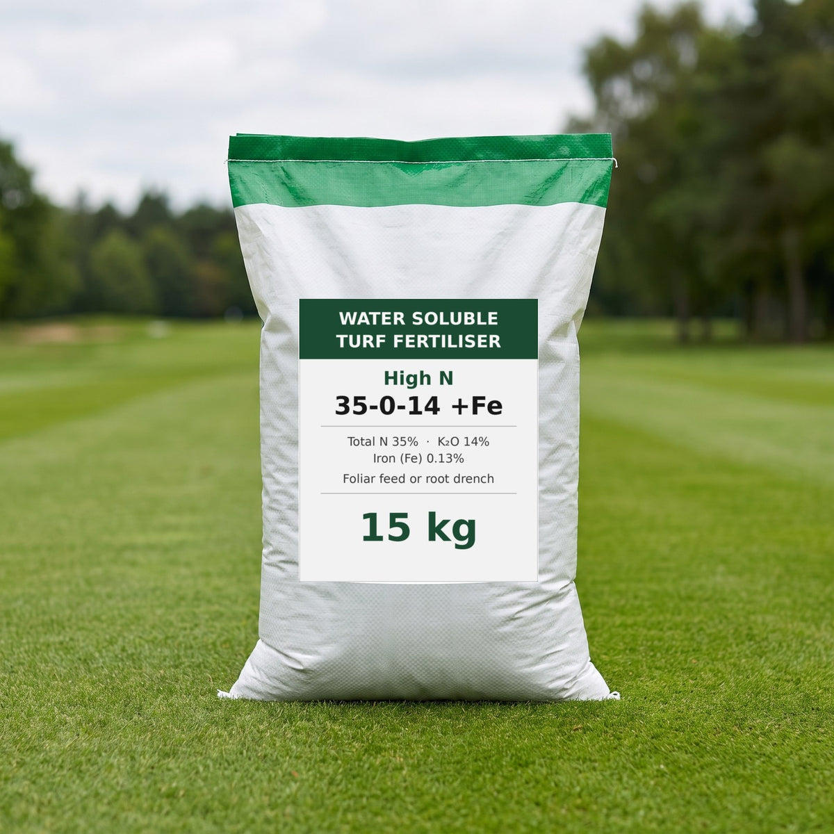 15kg bag of high nitrogen water soluble turf fertiliser 35-0-14 +Fe on a golf fairway