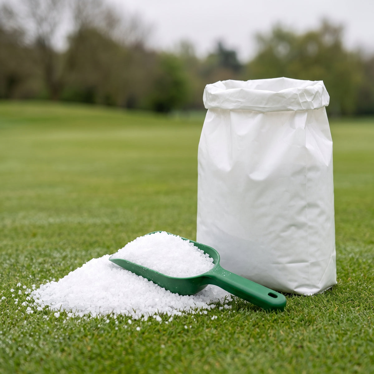 White water-soluble fertiliser crystals with a scoop beside a 15kg bag on fine turf