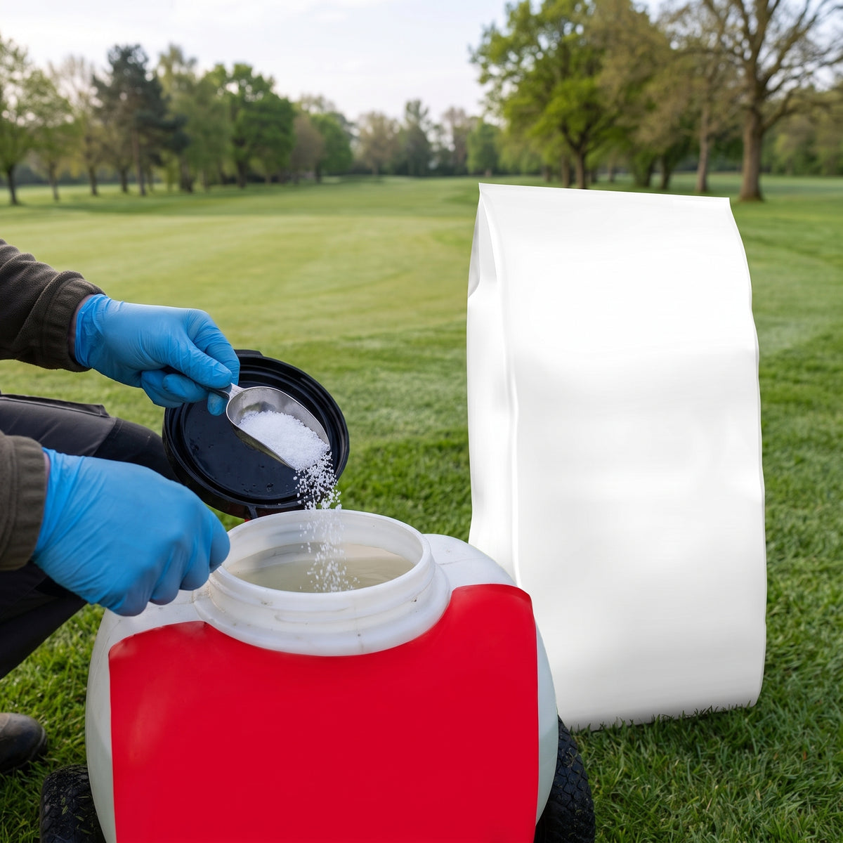 Water-soluble turf fertiliser crystals being added to a sprayer tank of water beside a golf course