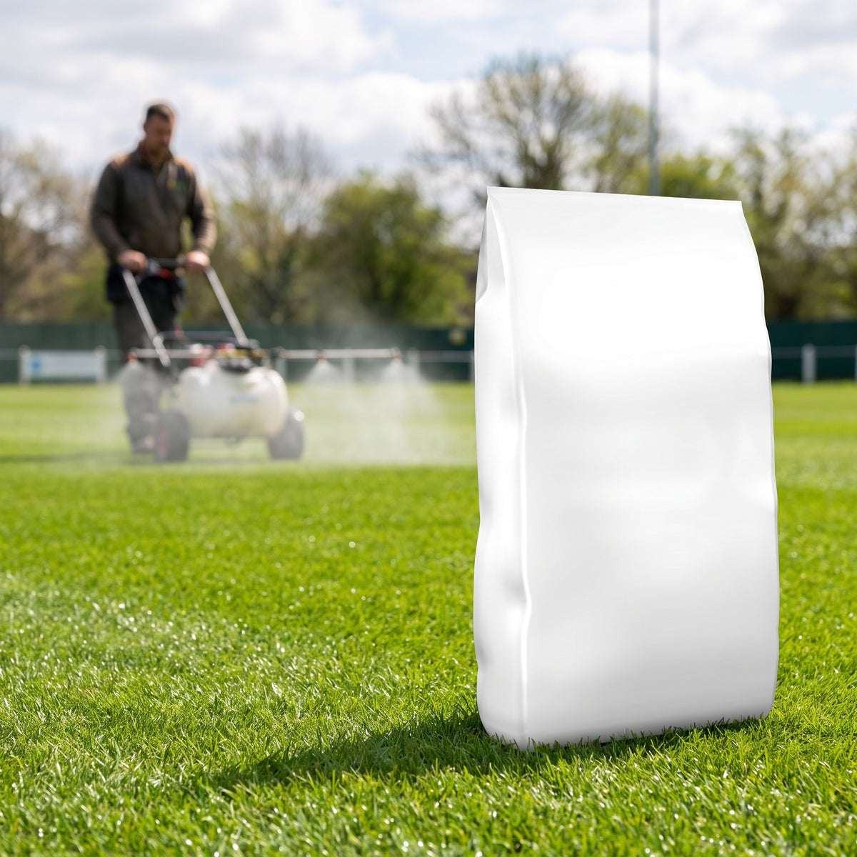 15kg bag of high nitrogen water-soluble turf fertiliser on a football pitch while a groundsman applies it with a pedestrian sprayer