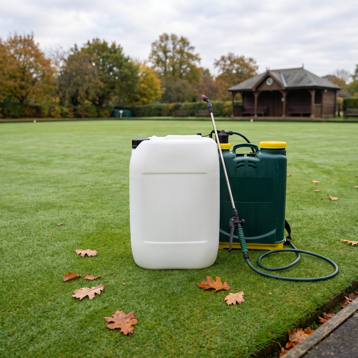 High potash 5-4-20 liquid fertiliser 10L with a knapsack sprayer on a bowling green in autumn