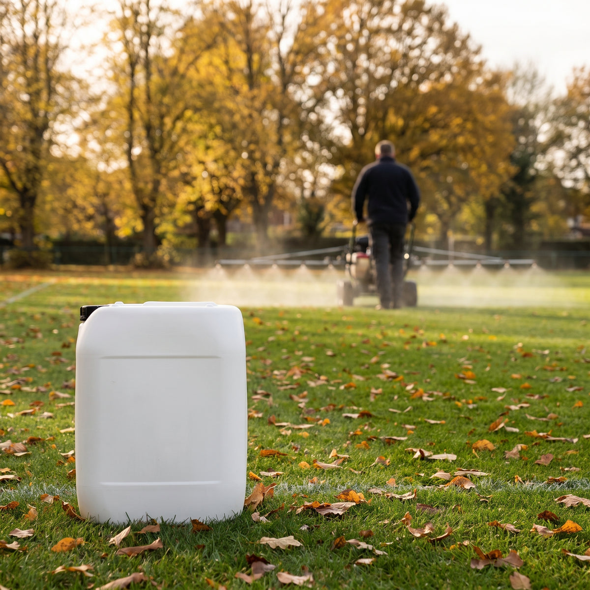 High potash 5-4-20 liquid fertiliser 10L on a sports pitch while the turf is sprayed in autumn