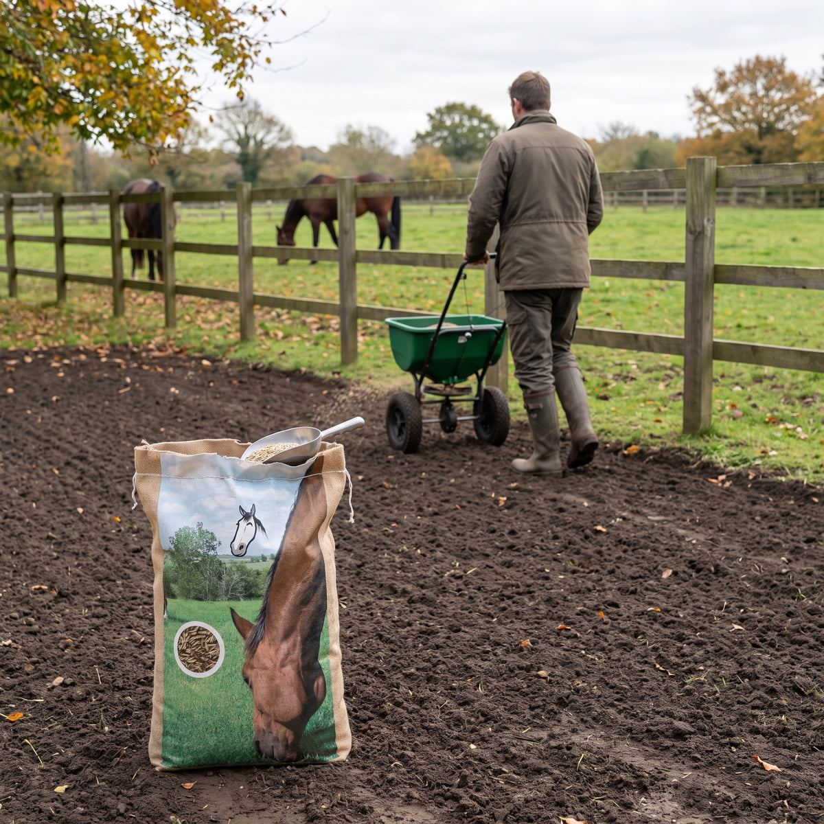 Sowing horse paddock grass seed 10kg with a push spreader on a renovated paddock, horses grazing behind the fence