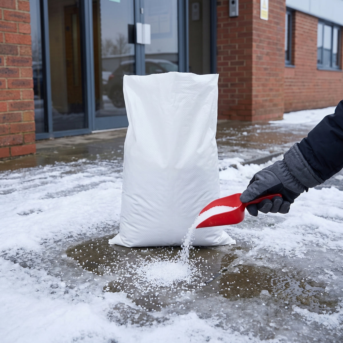 White ice melt de-icing granules being scattered from a scoop onto an icy footpath outside a building entrance, next to the 10kg bag