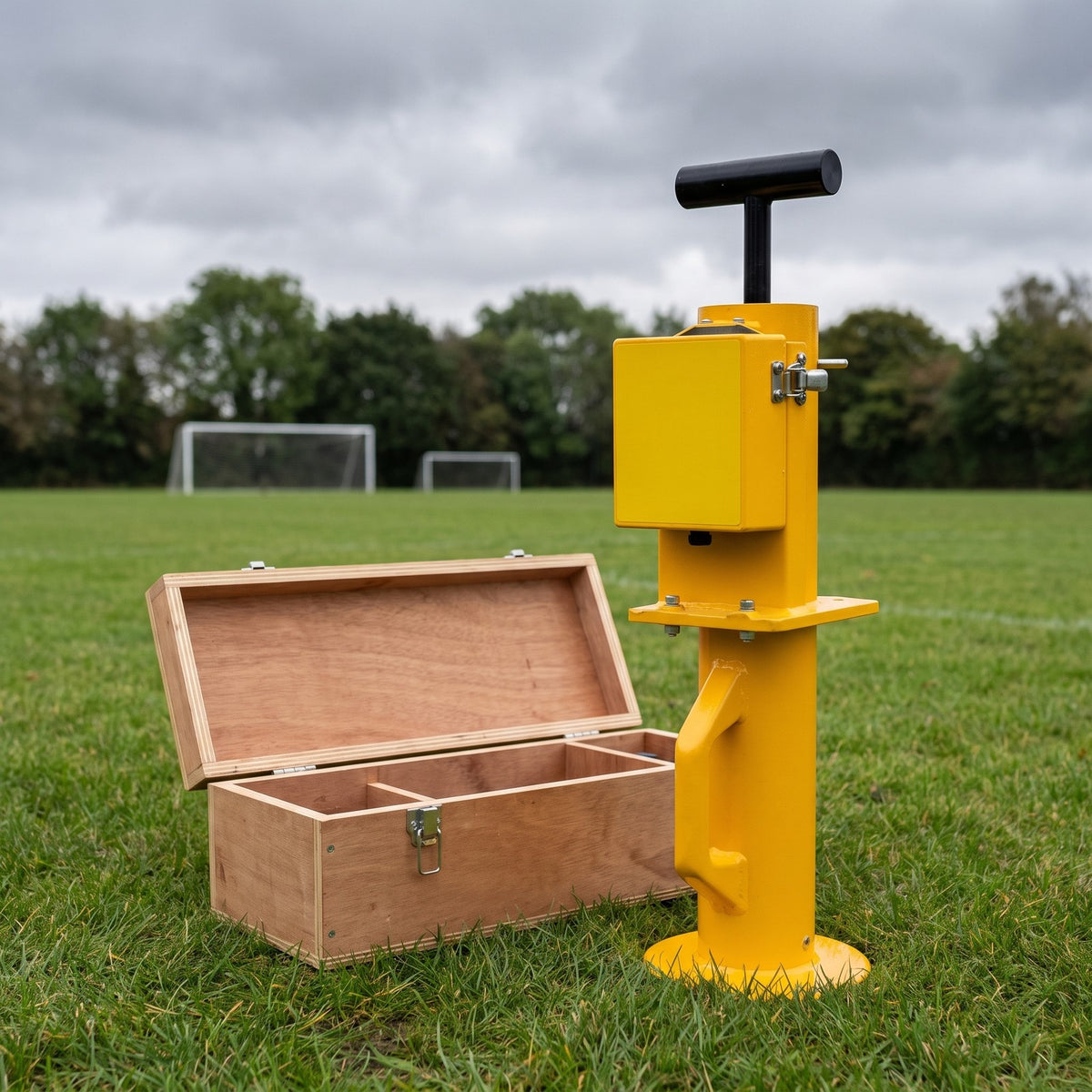 Impact hammer soil tester on a football pitch beside its wooden transit case