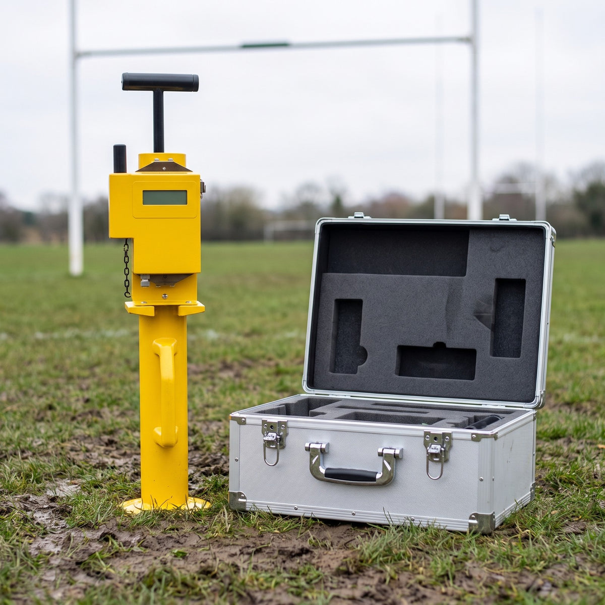 GPS impact hammer soil tester on a rugby pitch beside its aluminium transit case
