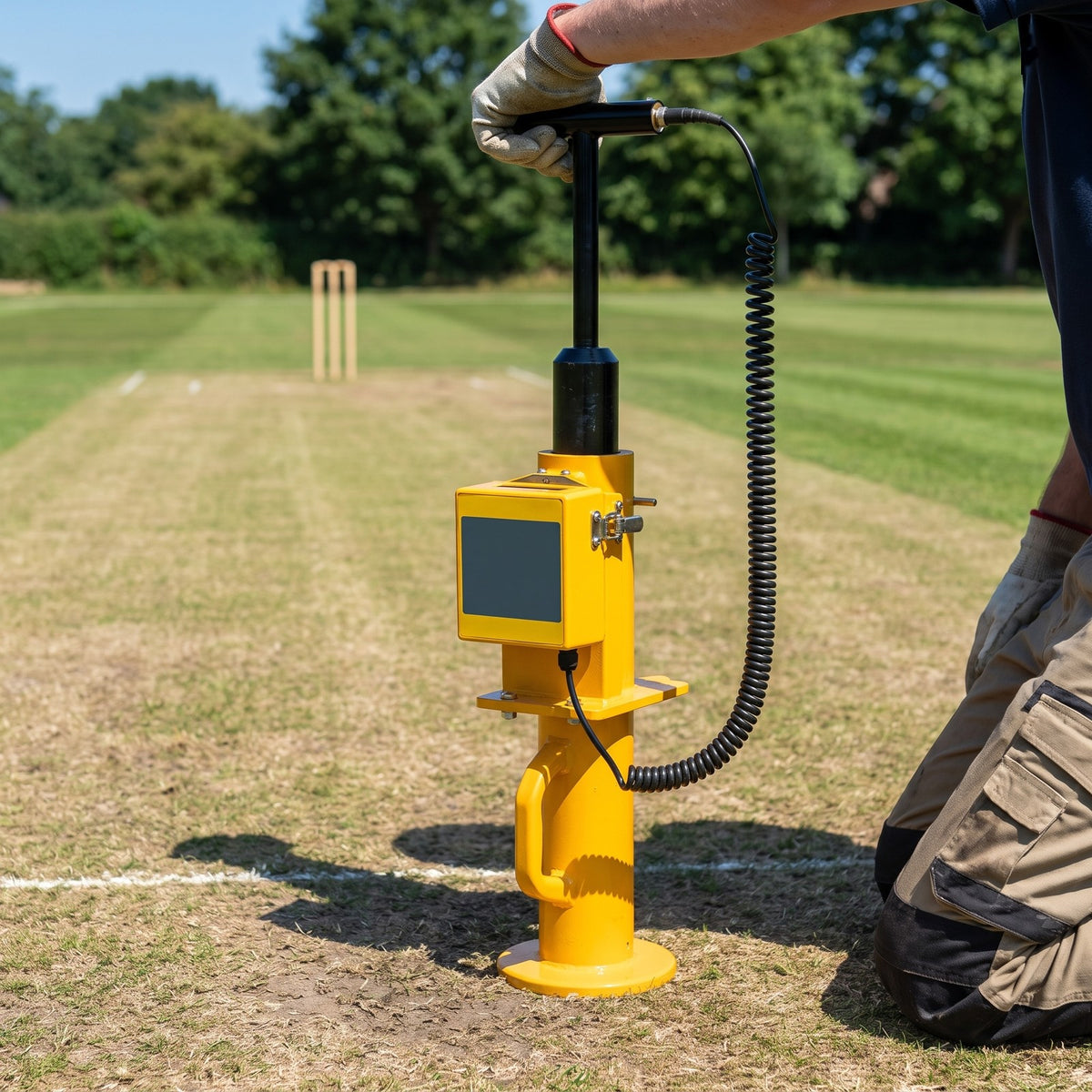 Groundsman testing a cricket pitch with a 2.25kg impact hammer soil tester