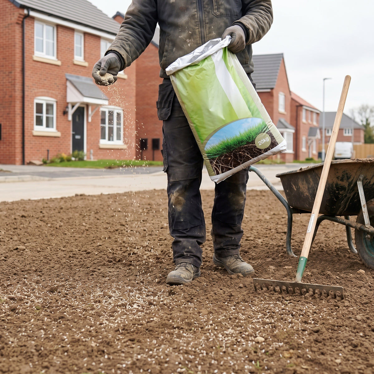 Landscaper hand-sowing hardwearing landscaping grass seed on raked topsoil at a new-build housing development