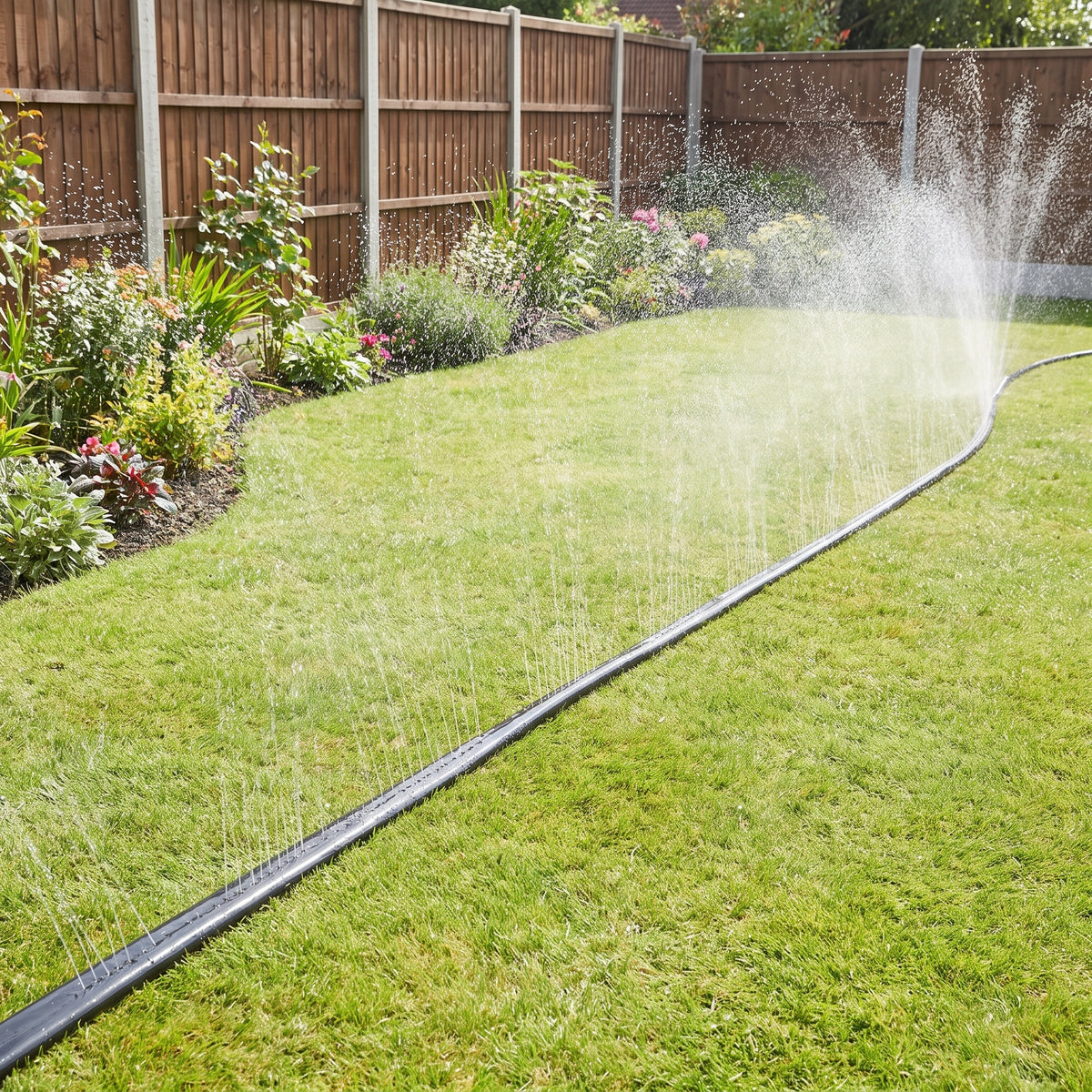 Laser-perforated garden irrigation hose giving gentle, even watering across a back-garden lawn