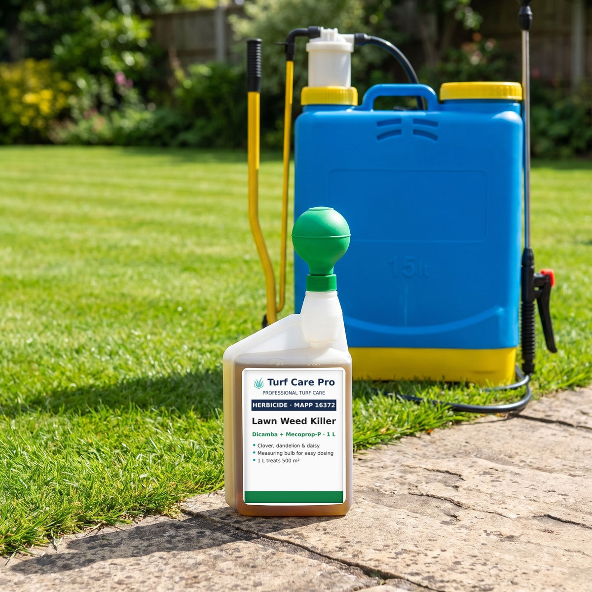 1L lawn weed killer with measuring bulb on a patio edge next to a knapsack sprayer