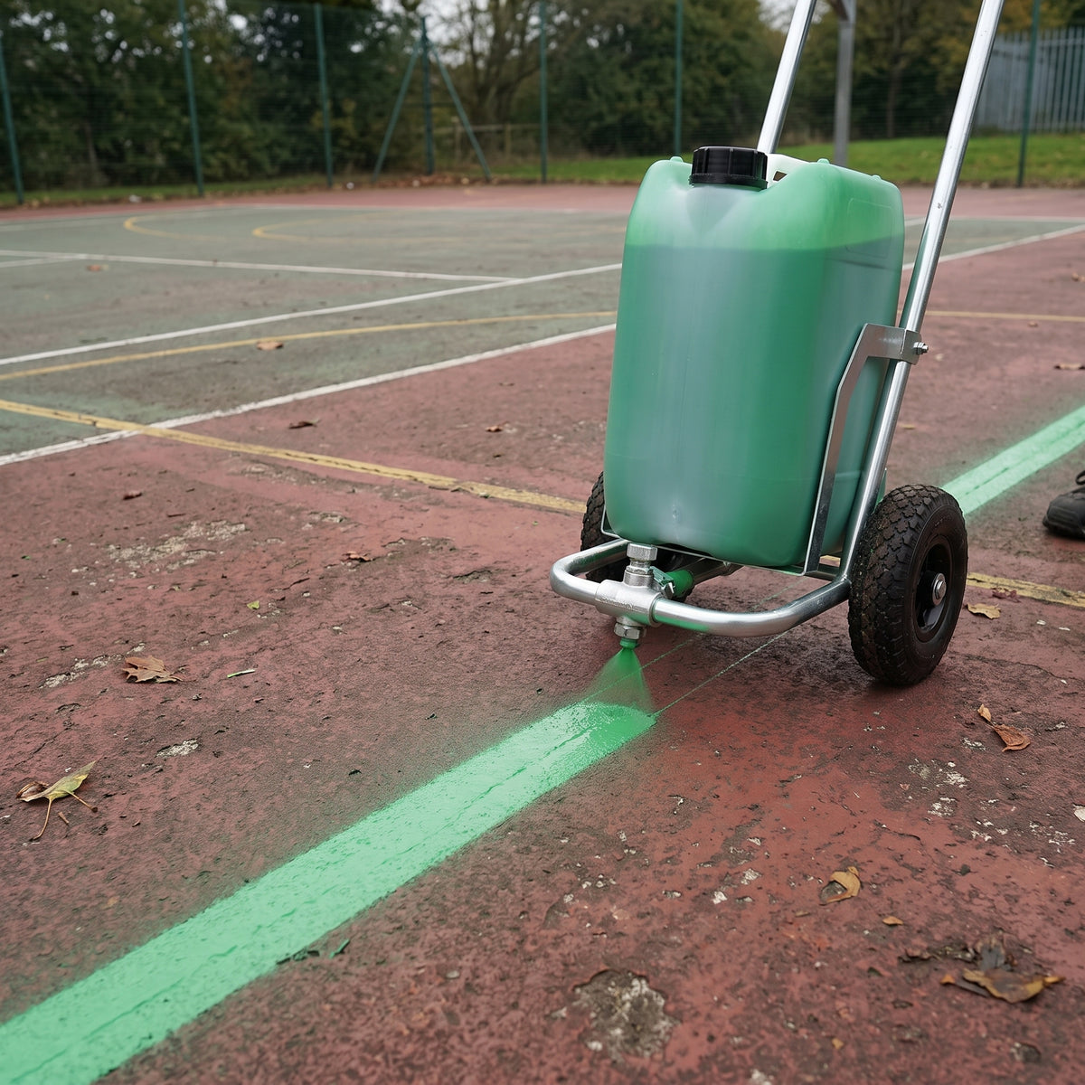 Green water-based line marking paint applied by spray marker on a concrete games court
