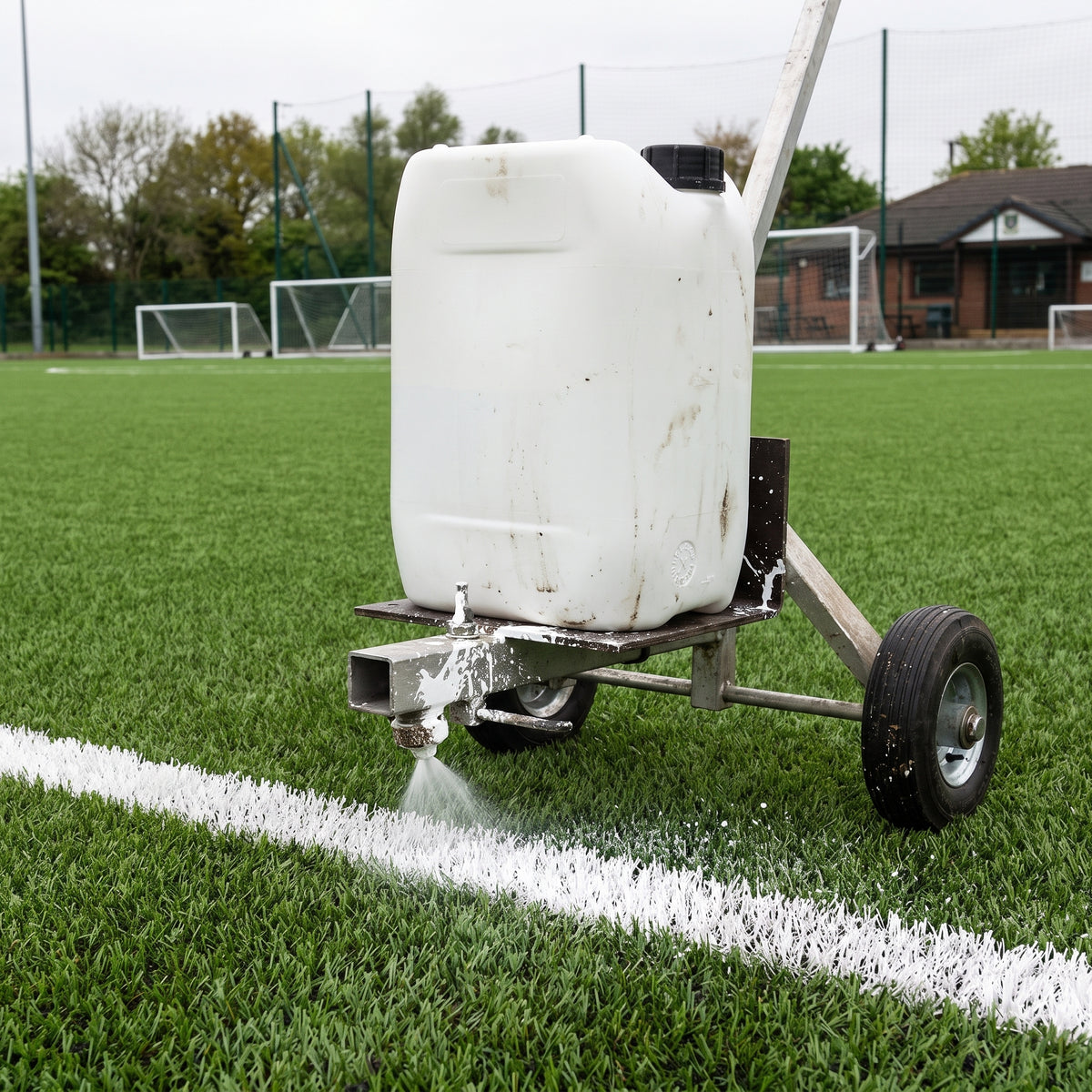 White water-based line marking paint applied by spray marker on a synthetic football pitch