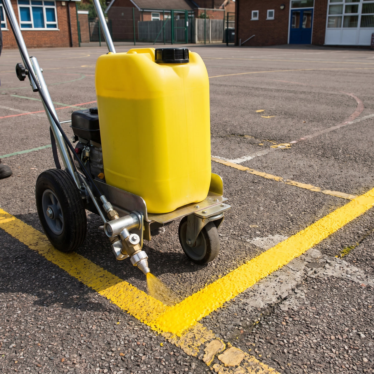 Yellow water-based line marking paint applied by spray marker on a tarmac playground