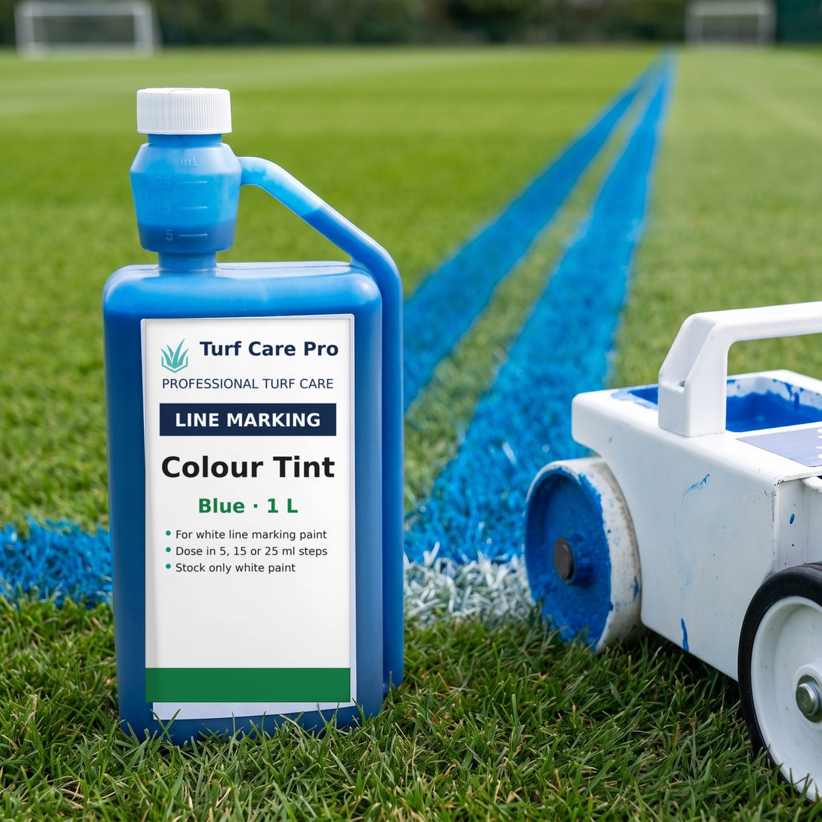 Blue colour tint for white line marking paint, 1L bottle beside blue pitch lines