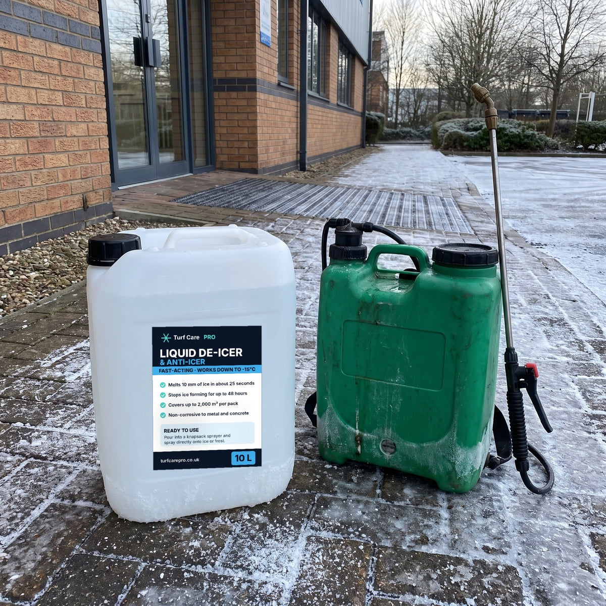 10L liquid de-icer and anti-icer container beside a knapsack sprayer on a frosty entrance path