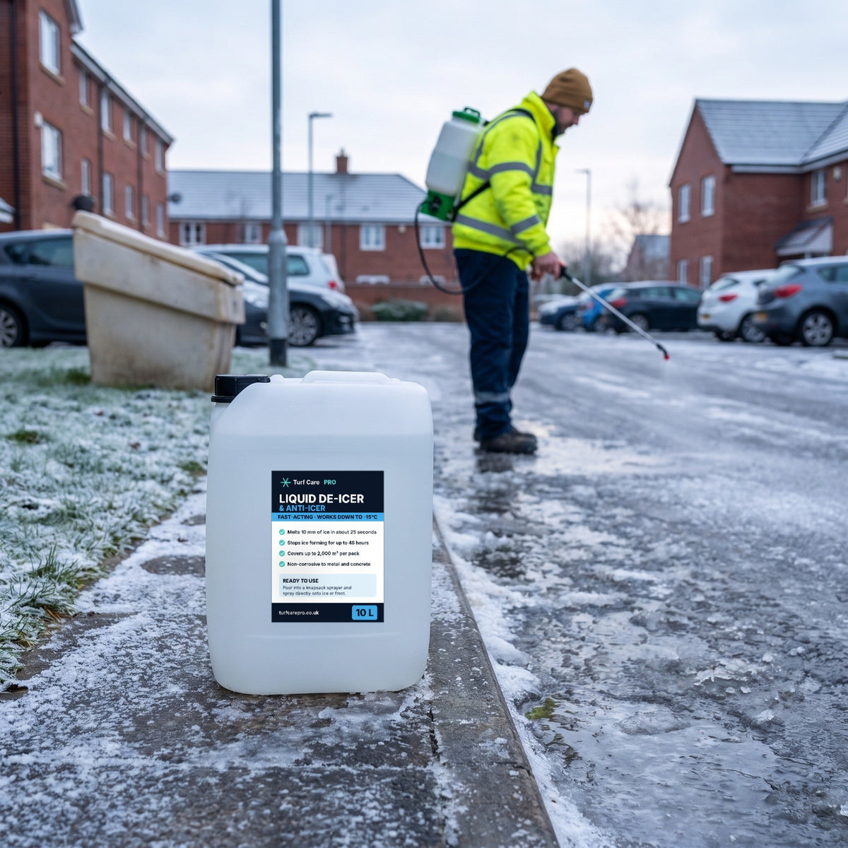 10L liquid de-icer container on an icy footpath while a worker sprays the path with a knapsack sprayer