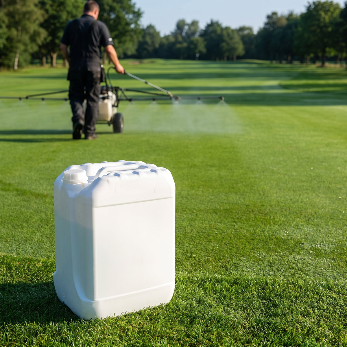 Fast-acting liquid iron for turf 10L on a golf fairway while a groundsman sprays the turf
