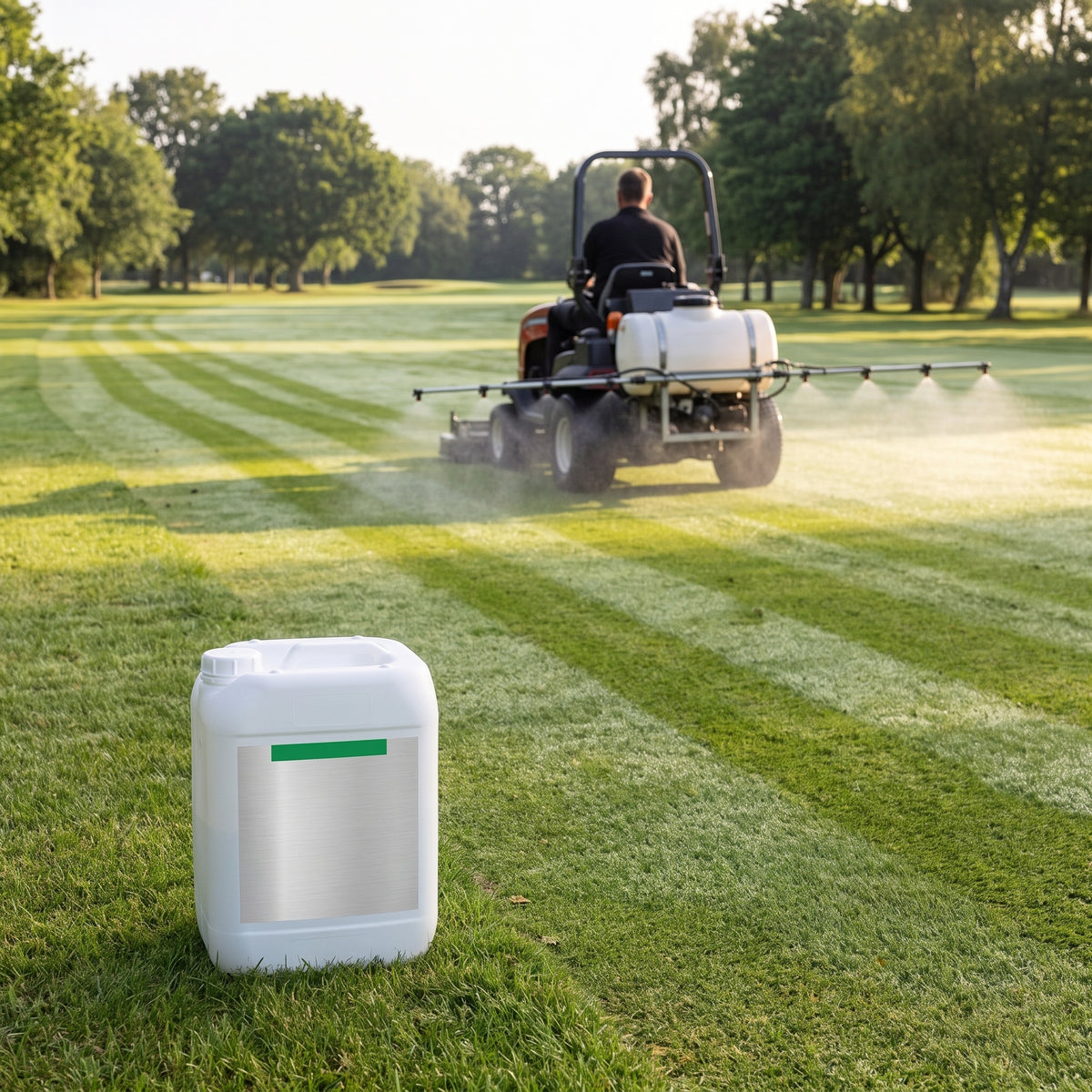 10 litre container of liquid phosphite 37% beside a boom sprayer applying it evenly across a golf fairway