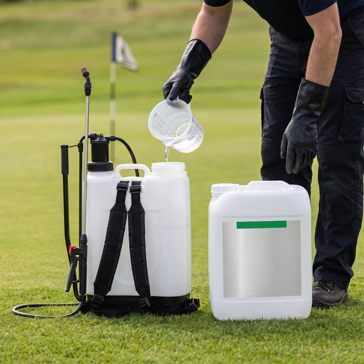 Groundsman in gloves adding measured liquid phosphite concentrate to a half-filled knapsack sprayer beside a golf green