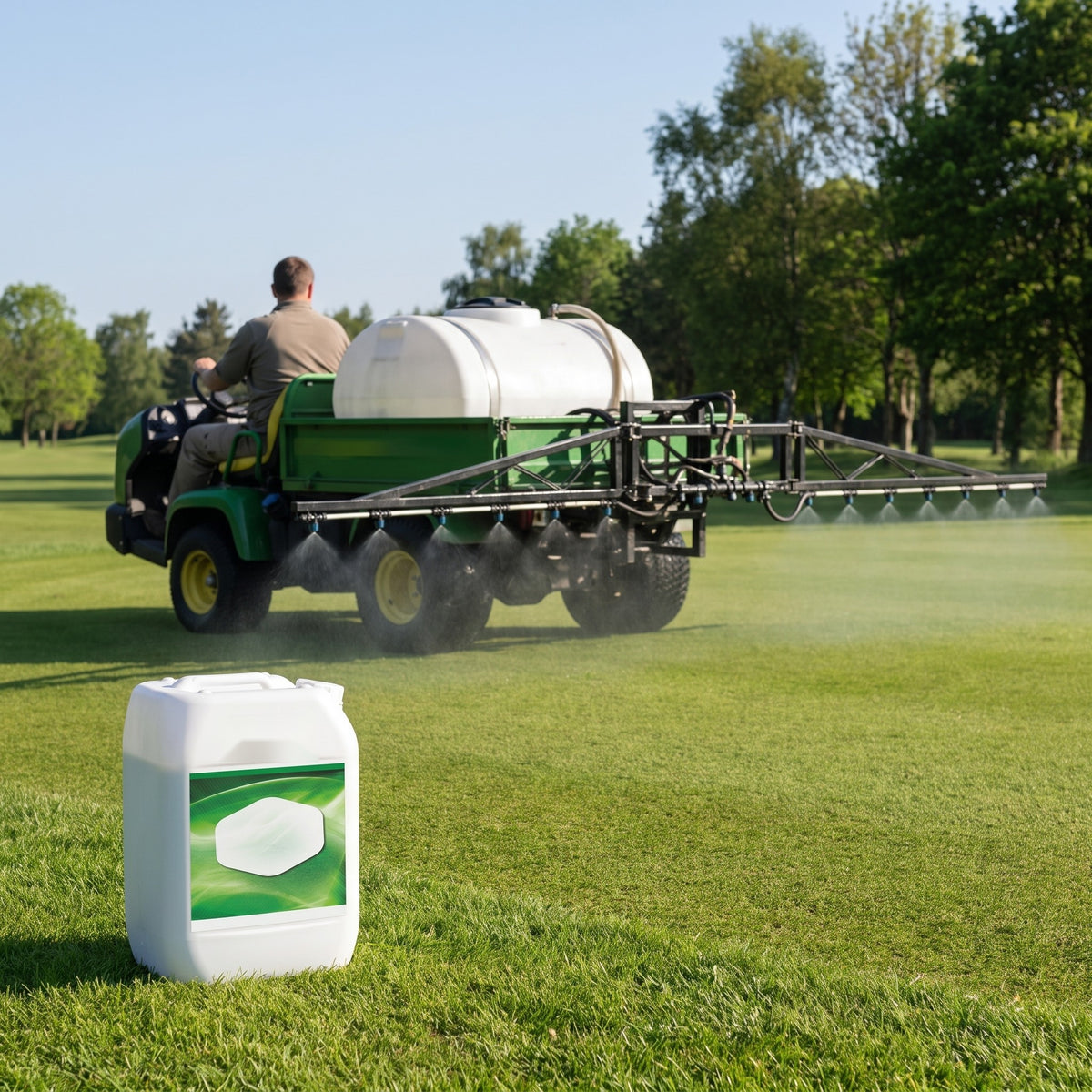 10 litre container of 18-9-9 liquid turf fertiliser beside a boom sprayer feeding a golf fairway in spring