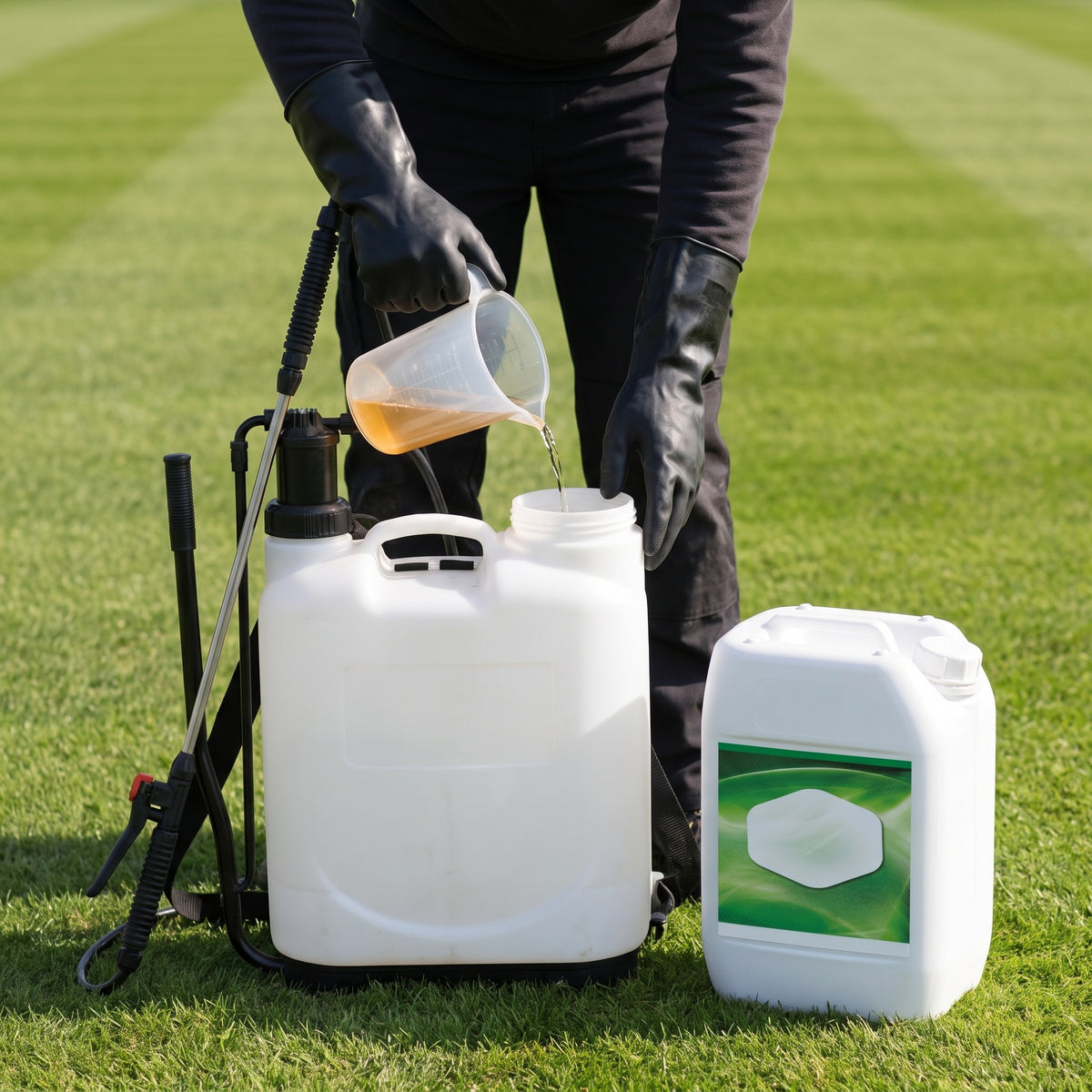 Groundsman in gloves adding measured 18-9-9 liquid turf fertiliser to a knapsack sprayer on a lawn