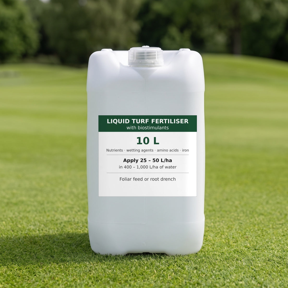 Liquid turf stress fertiliser 10L container with biostimulants
