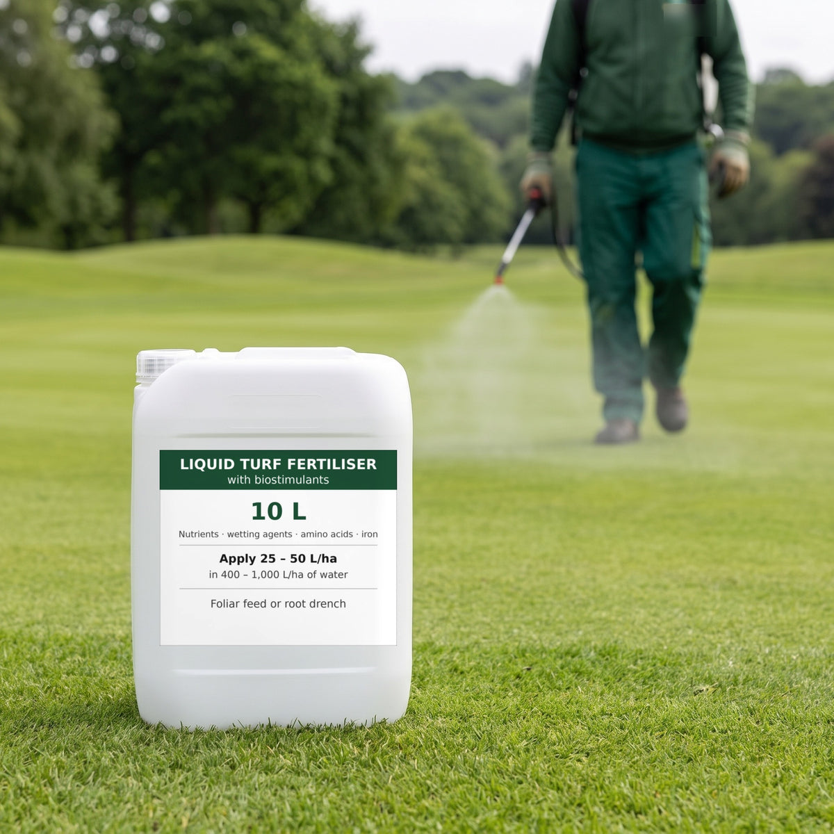 Liquid turf stress fertiliser 10L on a golf fairway while a greenkeeper sprays with a knapsack sprayer