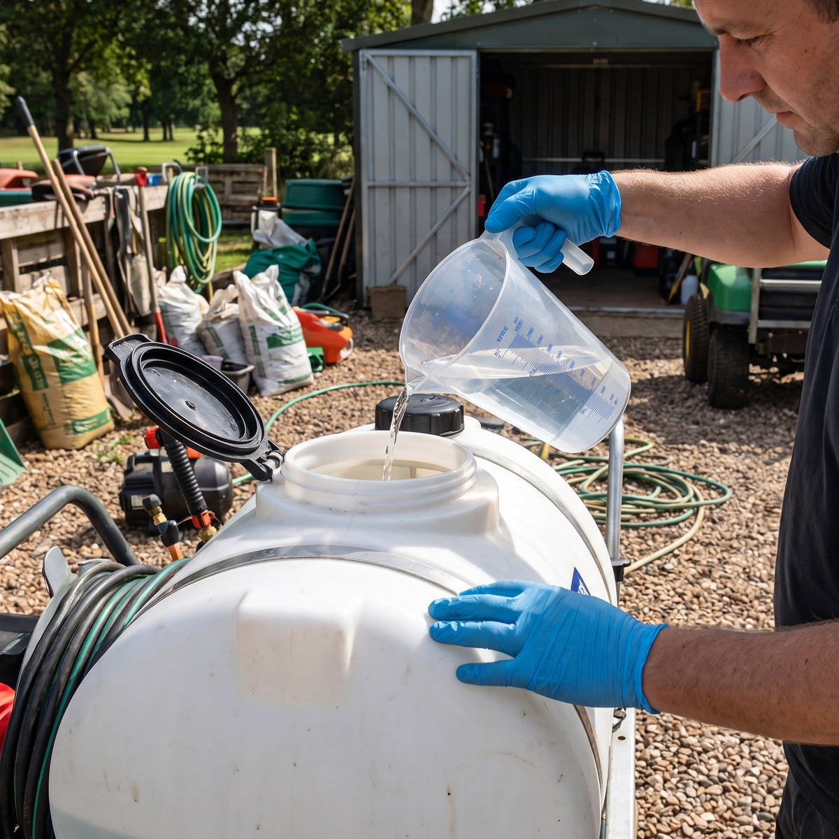 1L measuring jug pouring liquid into a spray tank