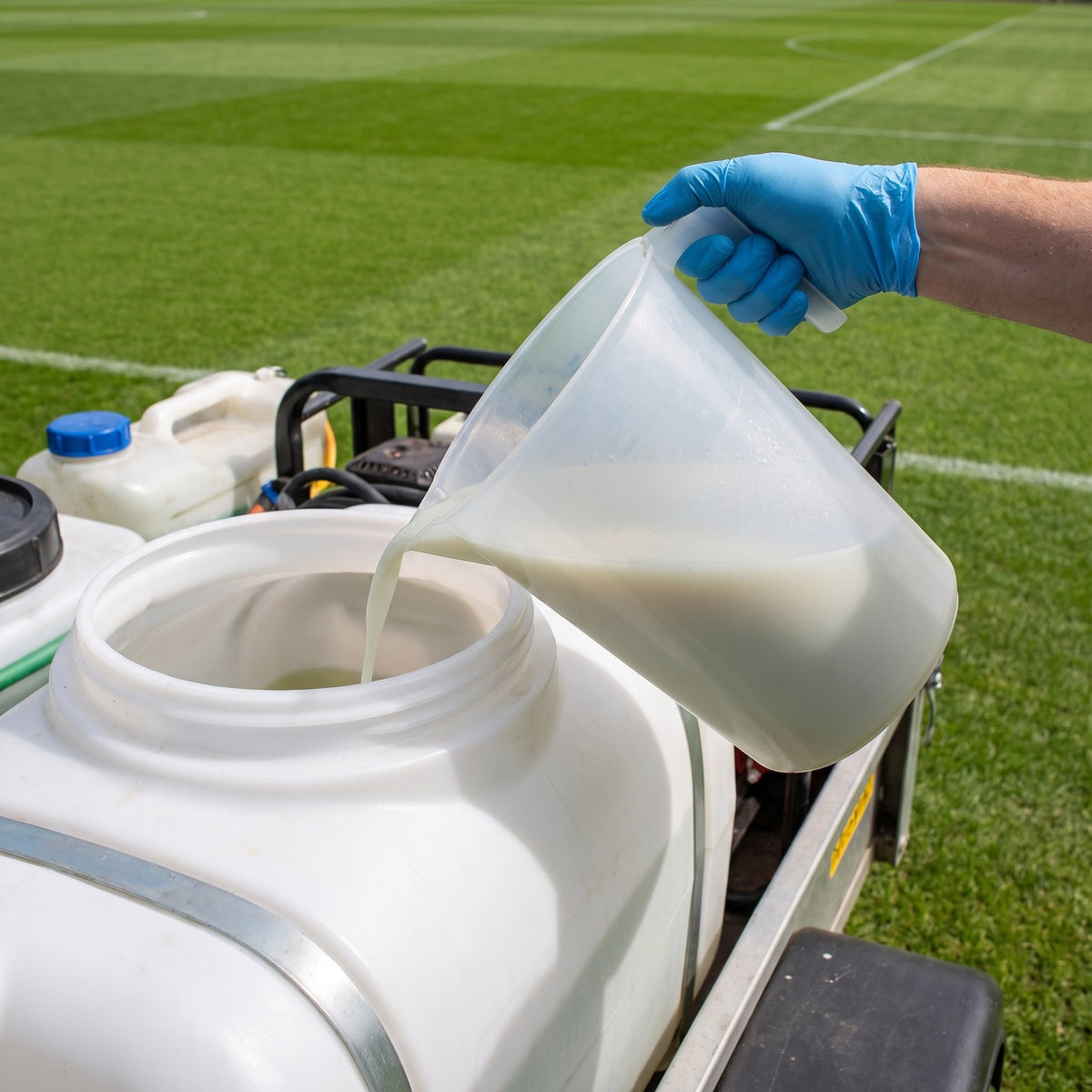 5L measuring jug pouring liquid fertiliser into a spray tank