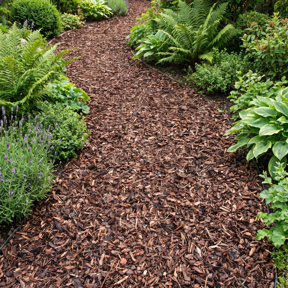 15-35mm ornamental bark laid on a garden path between planted borders