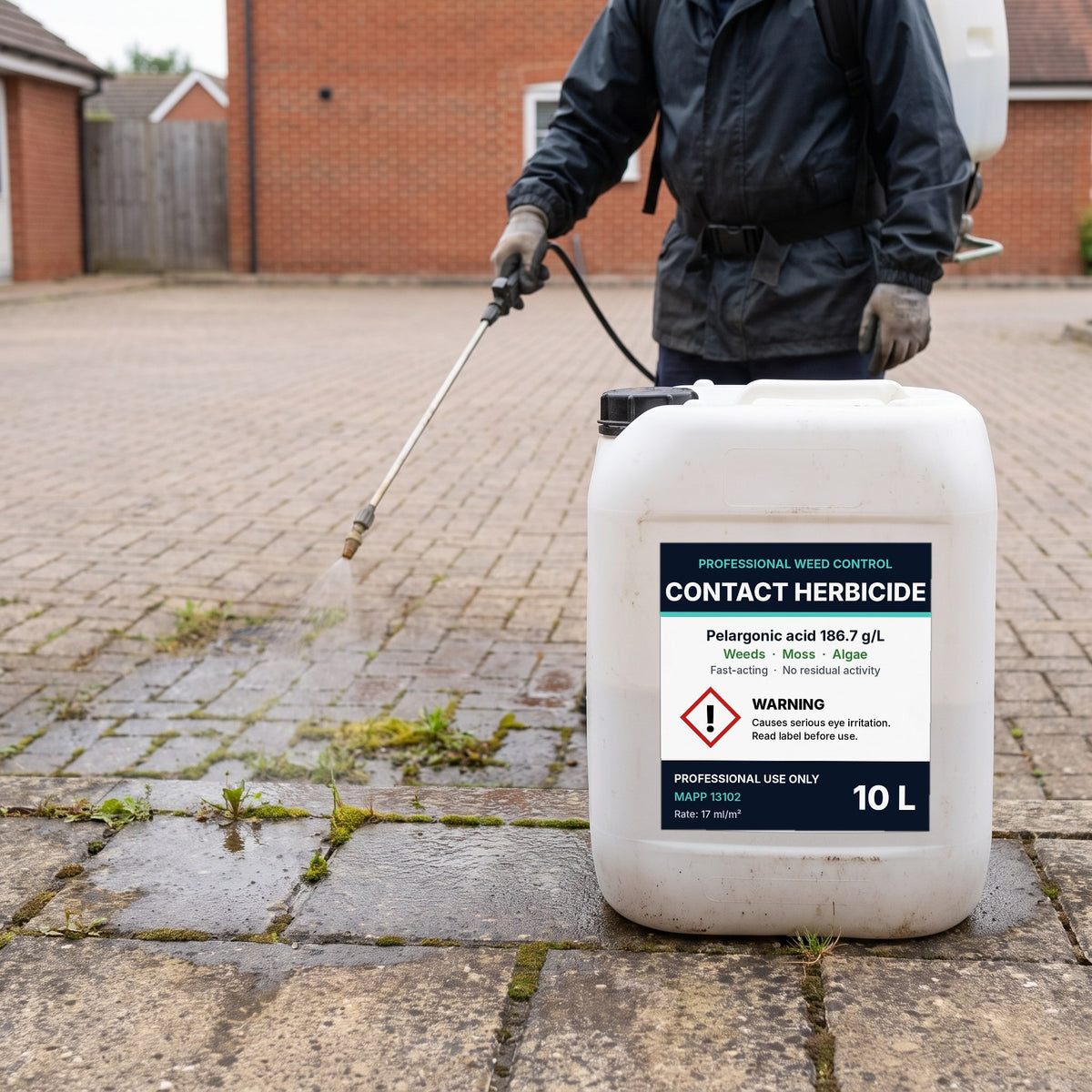 10L pelargonic acid contact herbicide container on block paving while moss and weeds in the joints are spot-sprayed with a knapsack sprayer