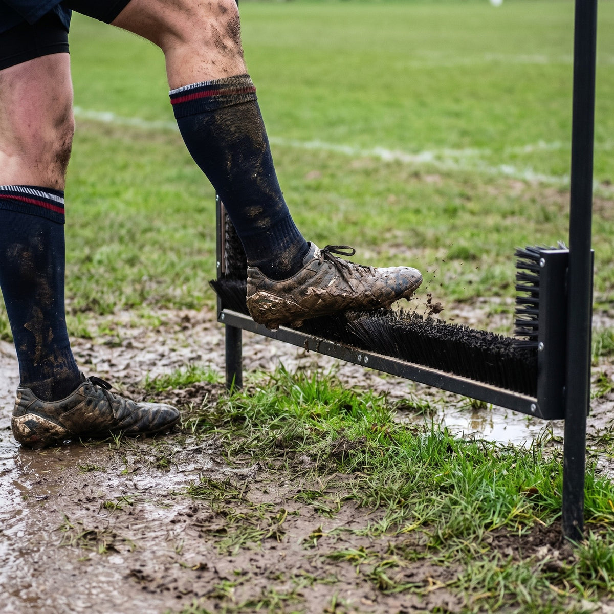 Player cleaning muddy rugby boots on the brushes of a permanent boot wiper