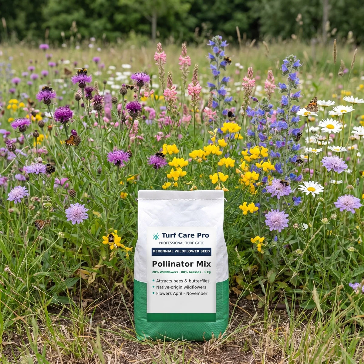 1kg pollinator wildflower and grass seed mix in a meadow with bees and butterflies