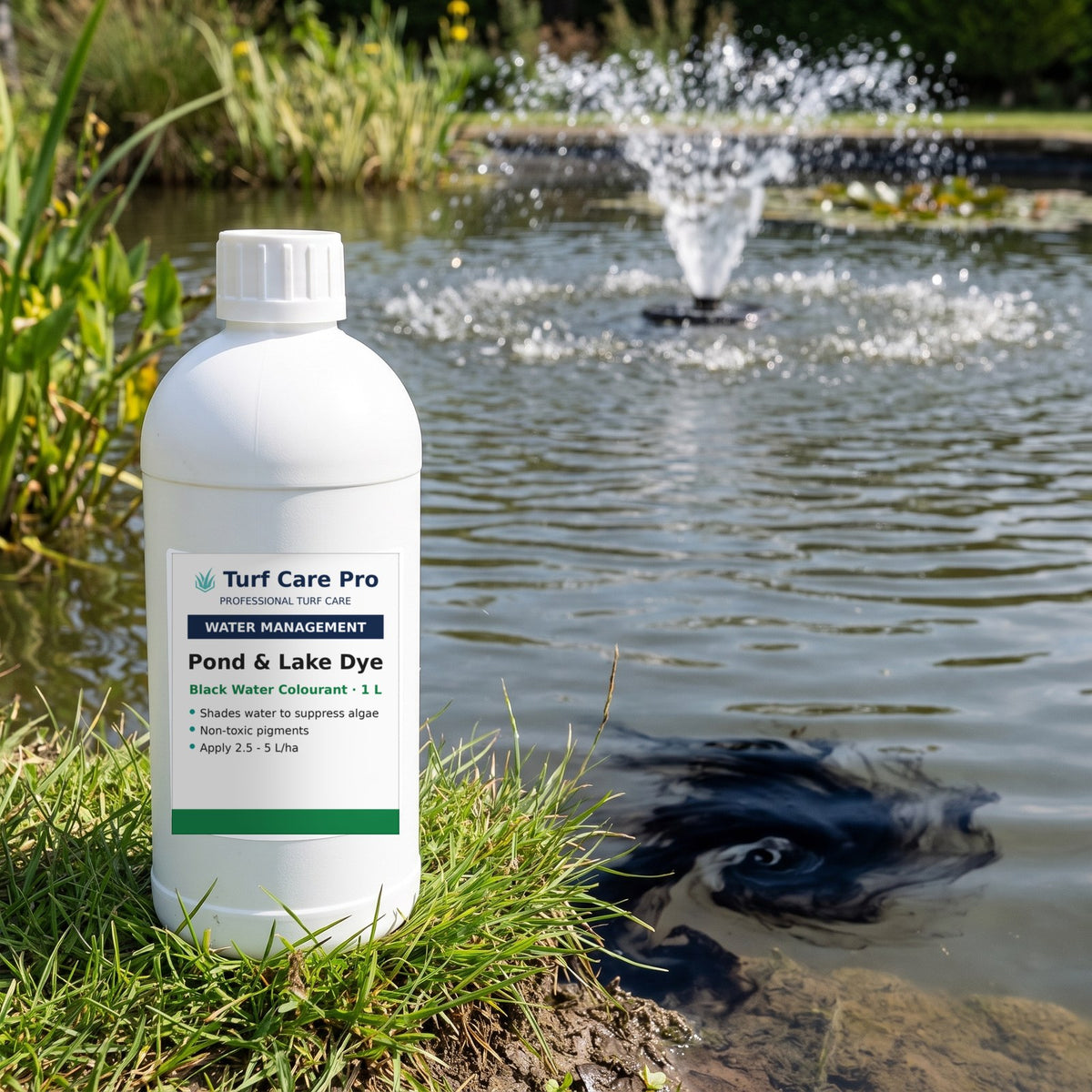 Black pond dye dispersing from the shoreline of an ornamental pond with an aerating fountain