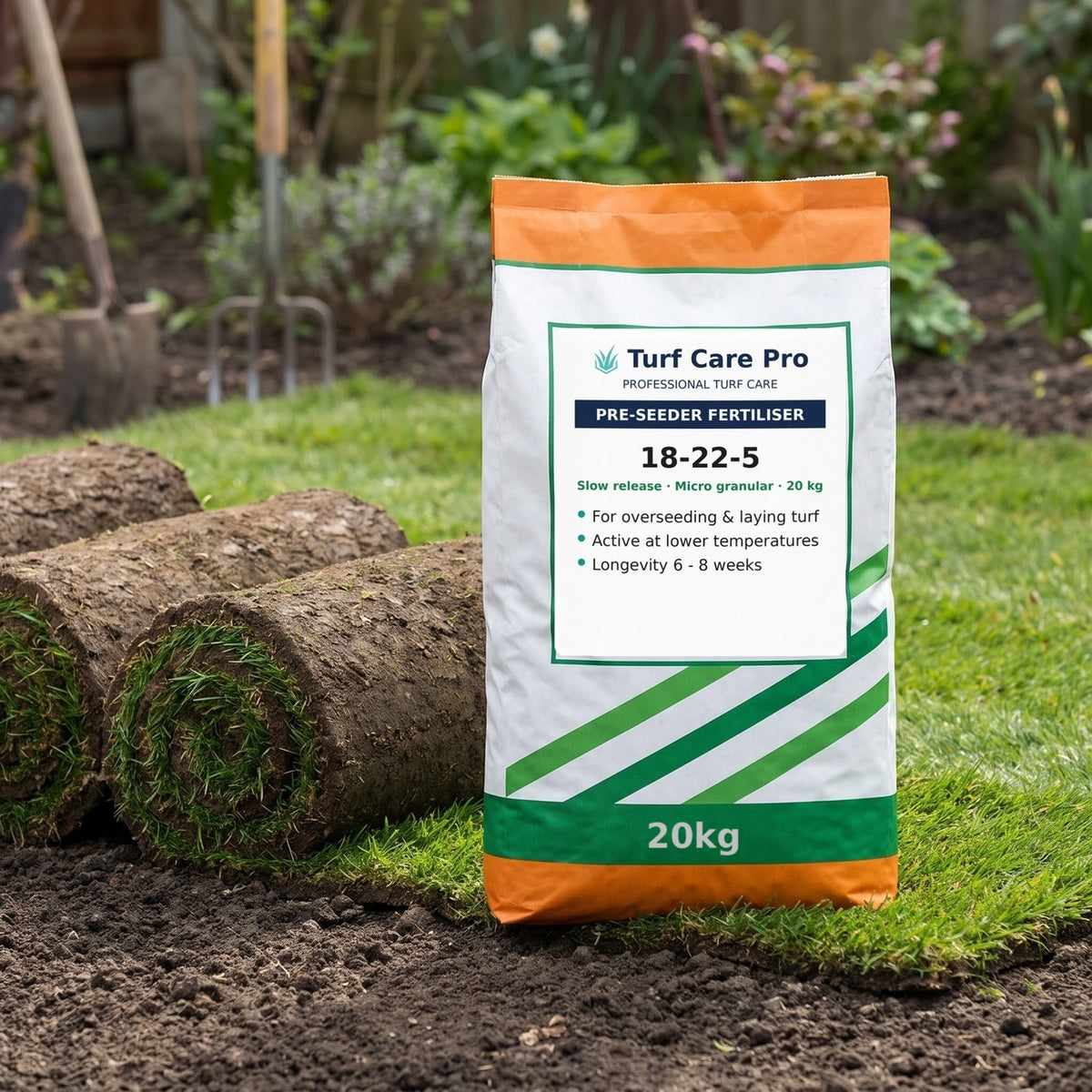 20kg 18-22-5 pre-seeder fertiliser bag beside rolls of new turf being laid