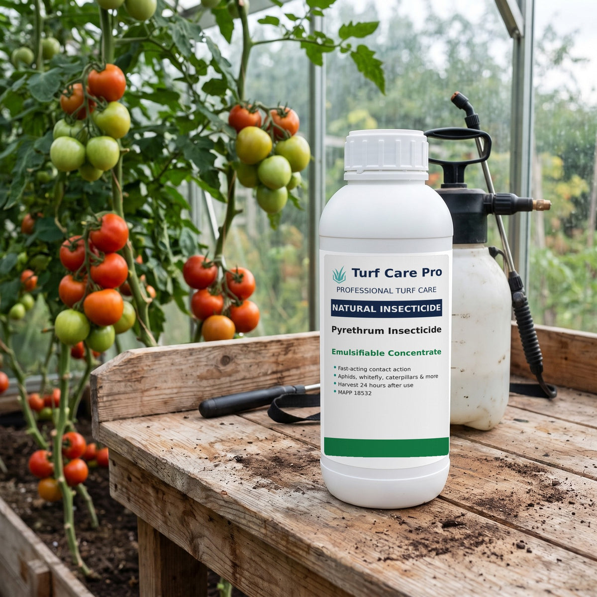 Pyrethrum insecticide concentrate bottle on a greenhouse potting bench beside tomato plants and a pump sprayer