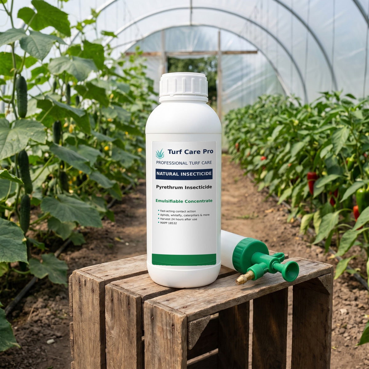 Pyrethrum insecticide concentrate bottle in a polytunnel between cucumber and pepper rows