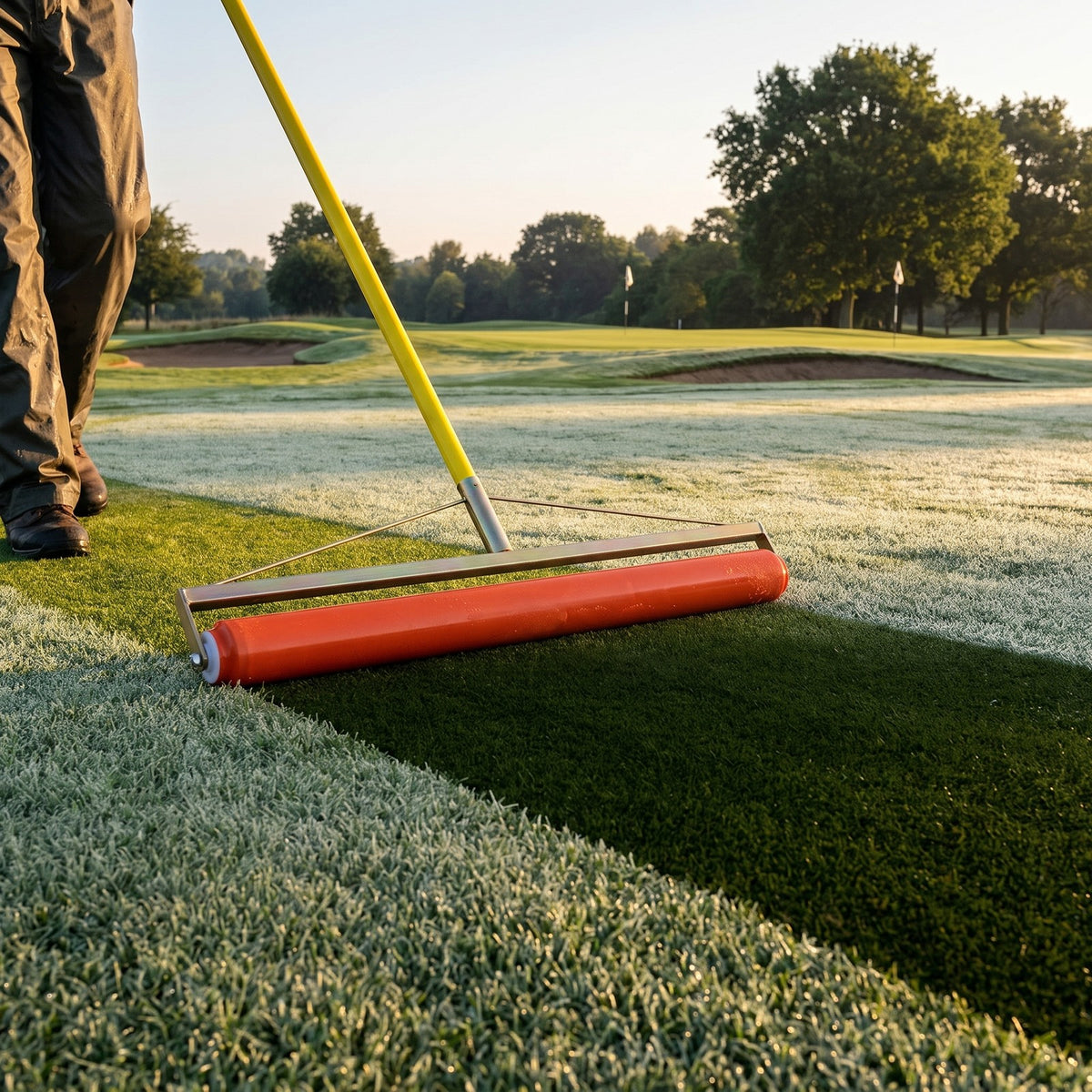 1m roller squeegee removing early-morning dew from a golf green