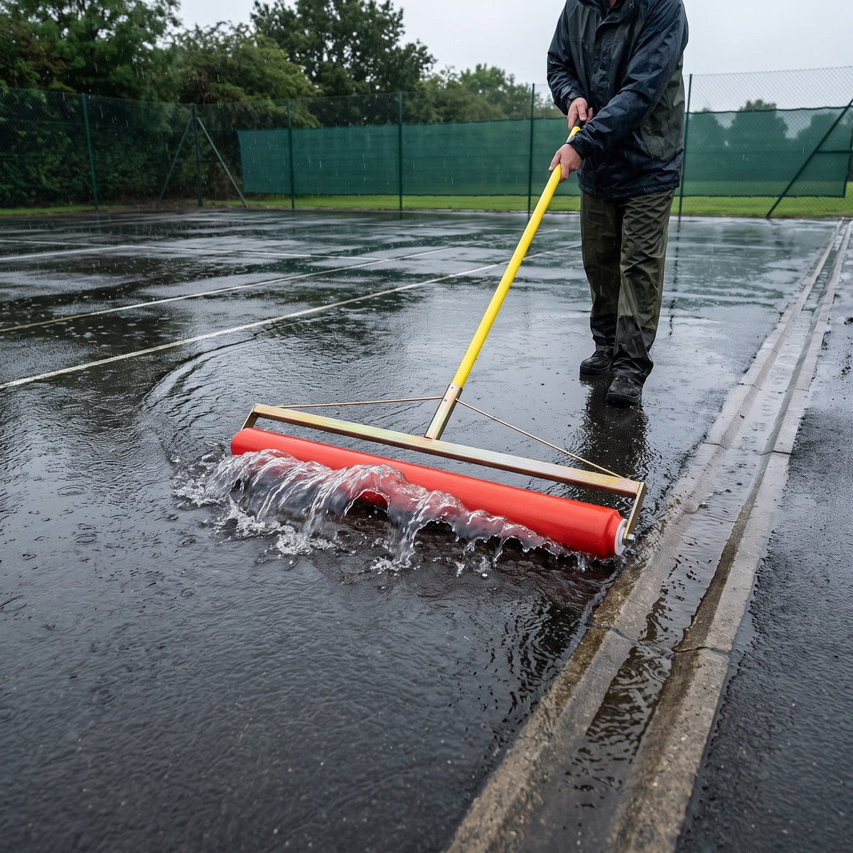 1m roller squeegee pushing surface water off a tennis court into a drainage channel