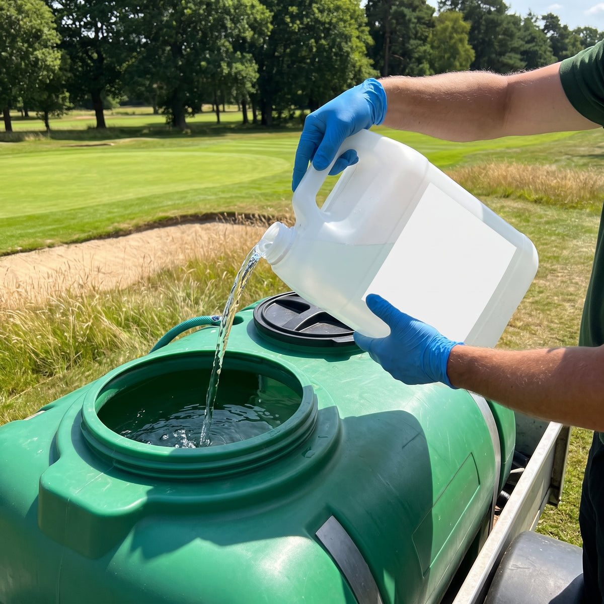 Wetting agent concentrate being poured into a sprayer tank of water beside a golf green