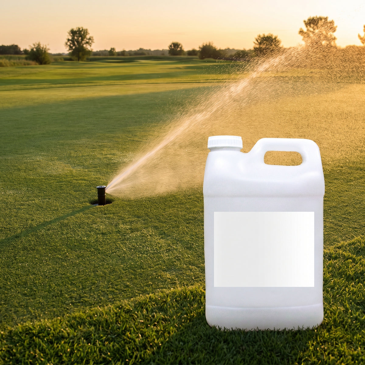Golf green being irrigated in the evening to water in the wetting agent, 10L container in the foreground