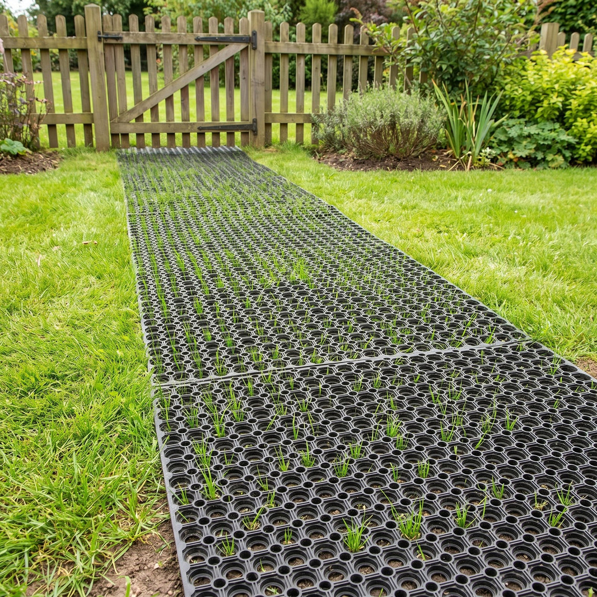 Rubber grass protection mats laid as a lawn pathway to a garden gate with grass growing through