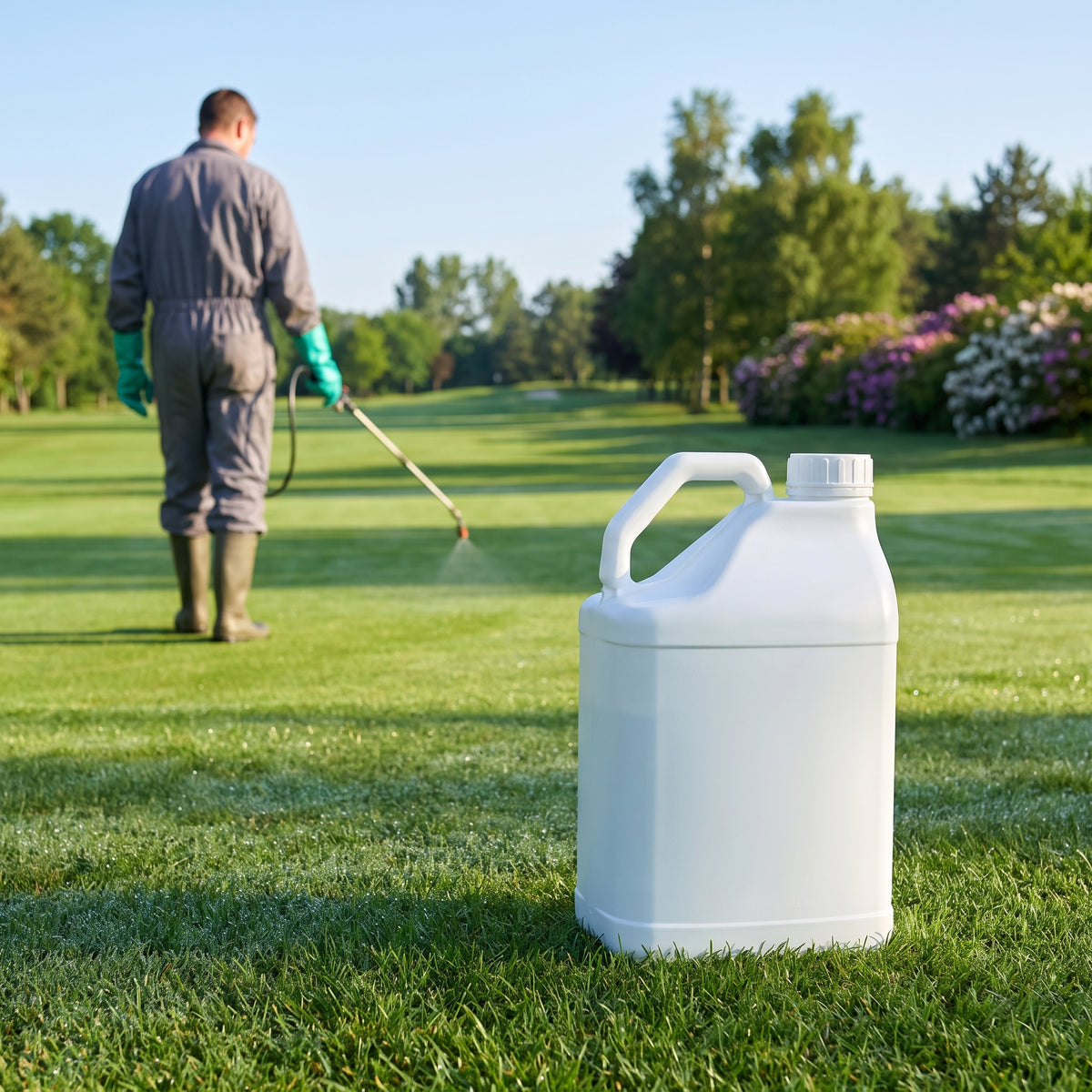 Selective broadleaf weed killer 10L on a golf fairway while a groundsman sprays the turf