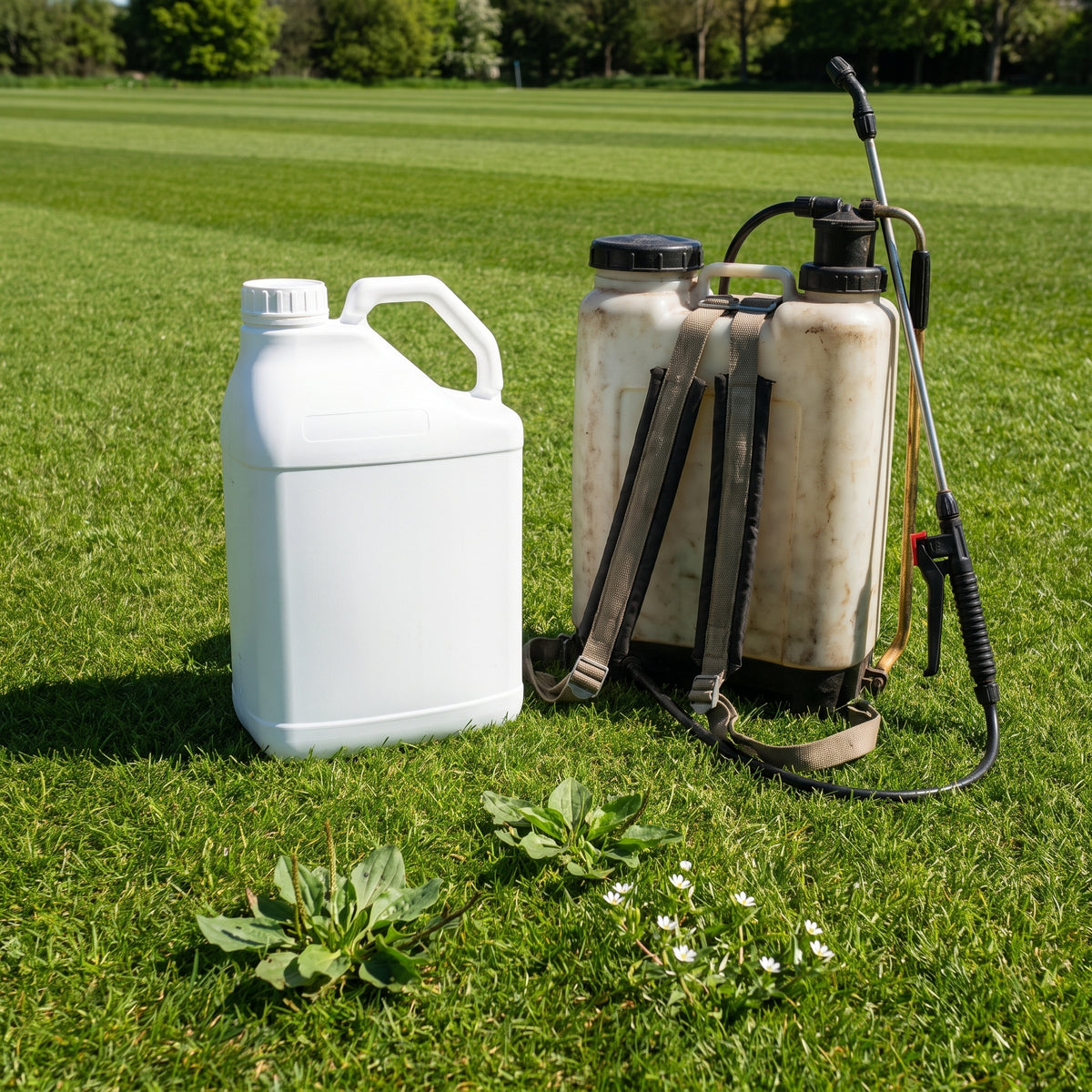 Selective broadleaf weed killer 10L on a sports pitch with a knapsack sprayer and broad-leaved weeds in the turf