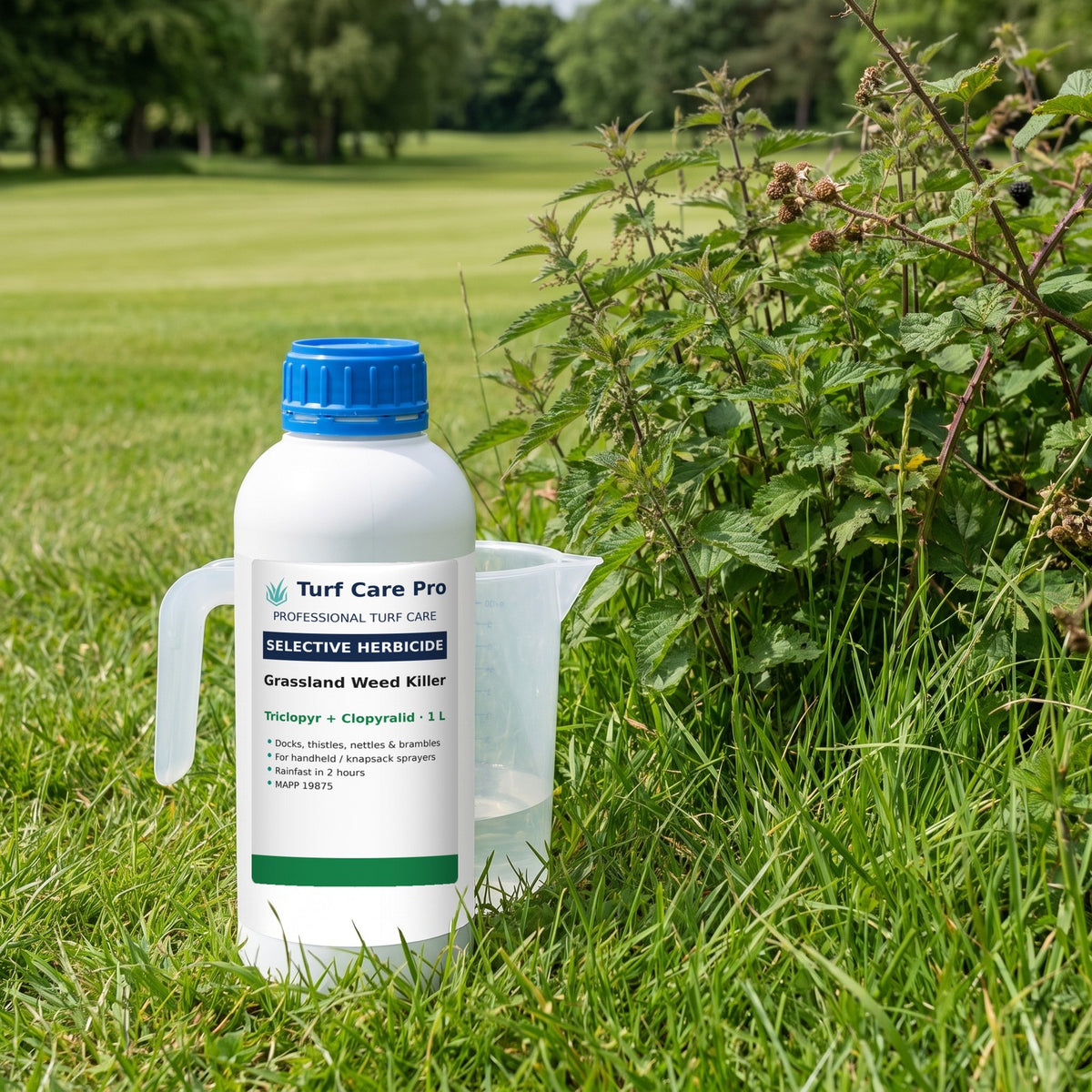 1L selective grassland herbicide with a measuring jug in golf rough beside nettles and brambles